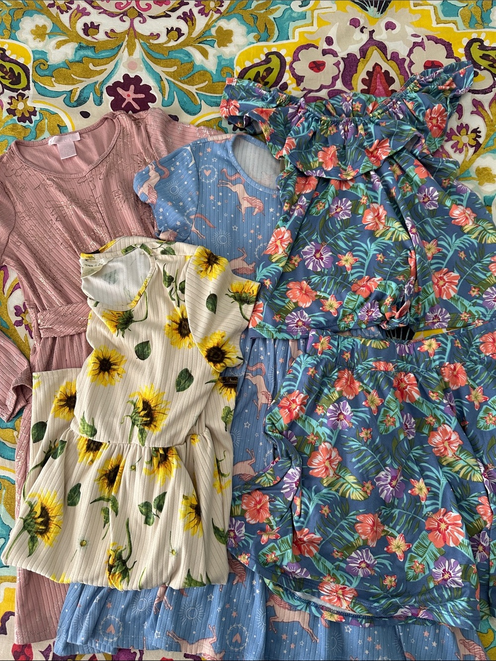 Girls Floral & Sunflower Dress Bundle - Blue, Pink, Cream, Green